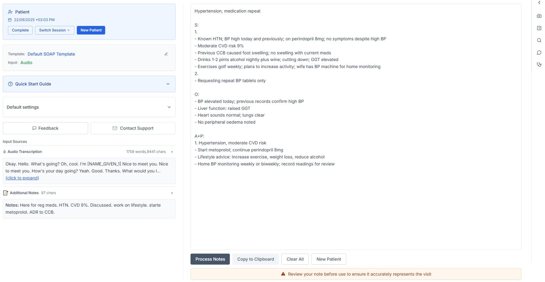 ClinicPro generated SOAP note showing structured multi-problem output
