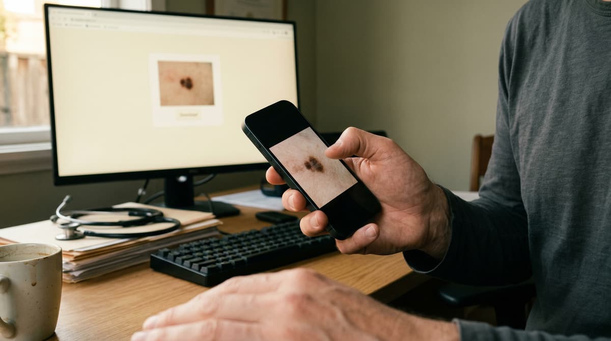 GP holding phone with clinical photo, desktop monitor in background
