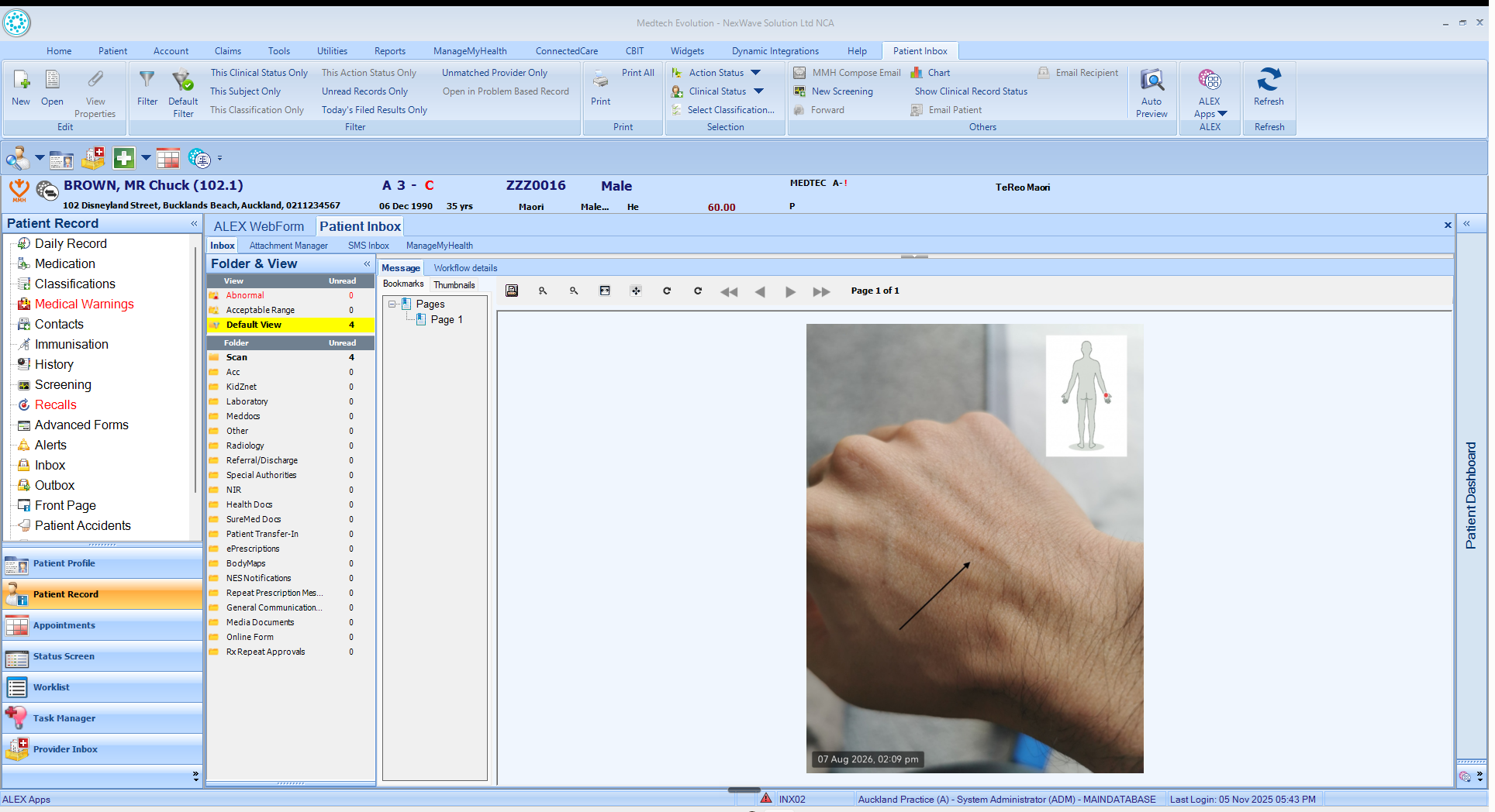 The annotated clinical photo and its body map, filed in the patient's Medtech Evolution inbox