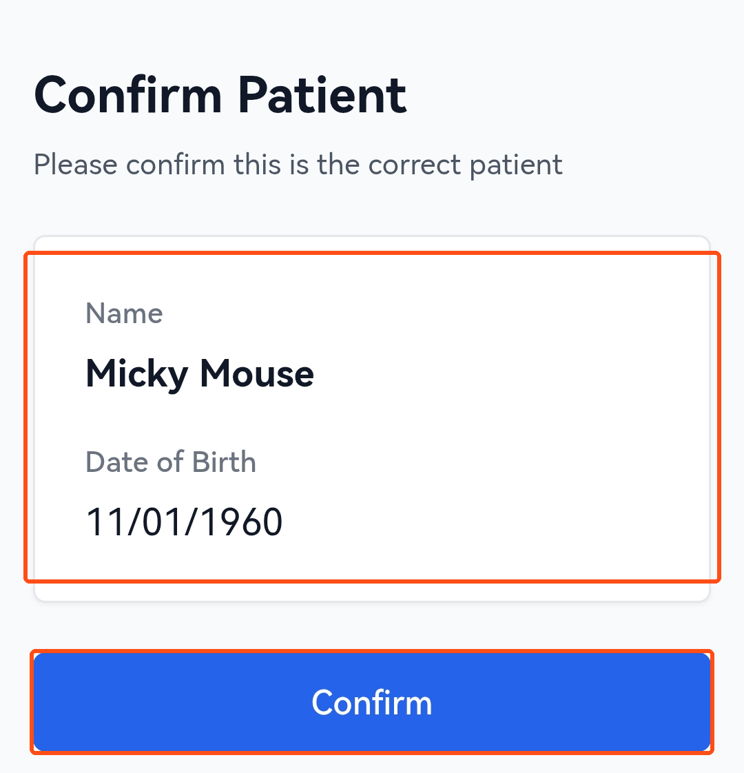 The Confirm Patient screen